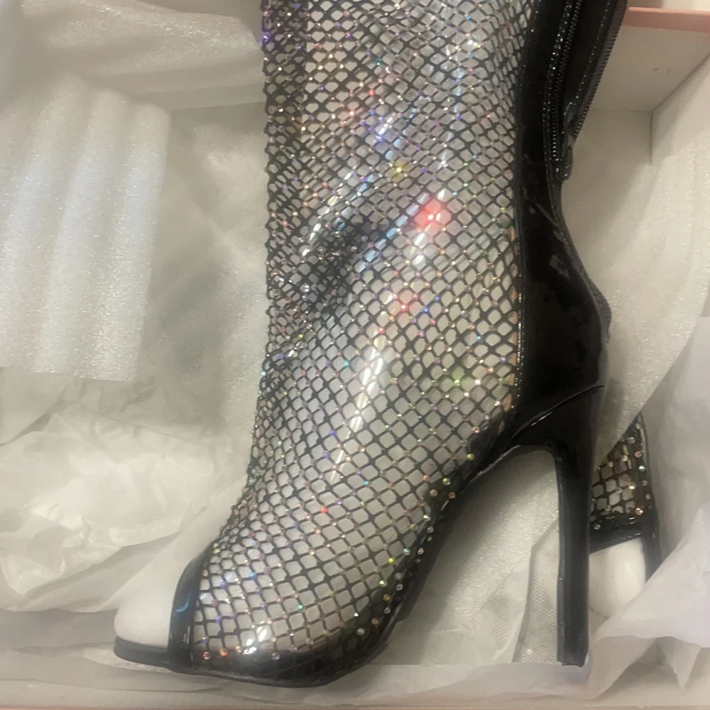 Fishnet Rhinestone Knee Boots - Picture 8 of 9